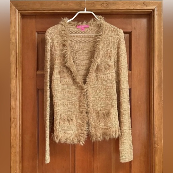 NWOT Lilly Pulitzer Preona Cardigan Sweater Sand Castle Metallic Size XL 🤎💛🤎 - Picture 3 of 10